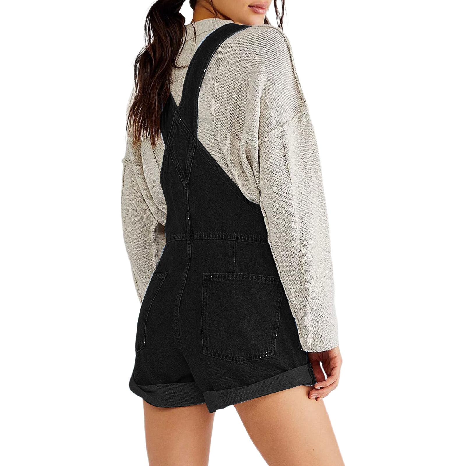 GXNRHG Damen-Denim-Baggy-Trägershorts, Overalls, verstellbare Hosenträger, gerollte Manschette, weites Bein, Kurze Jeans-Latzhose mit Taschen, Y2K-Streetwear