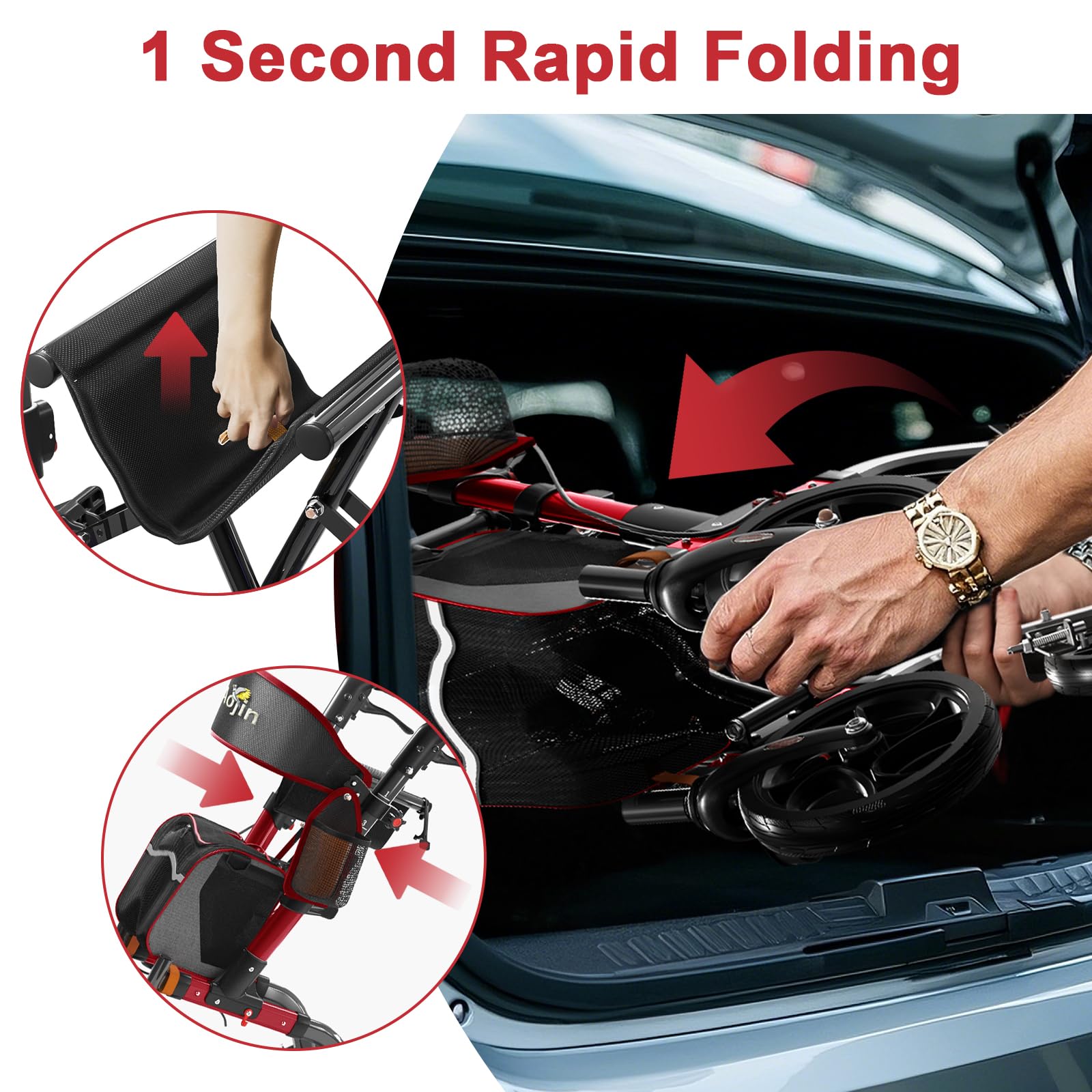 Andador rodante para personas mayores, ligero, plegable, todo terreno con asiento, andadores de aluminio con ruedas de goma de 8 pulgadas, asas y respaldo para personas mayores y adultos (rojo)