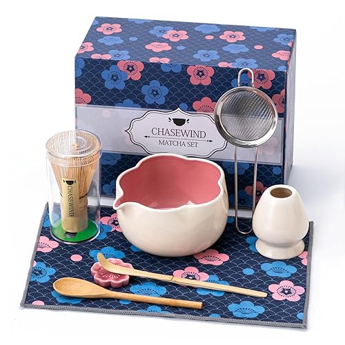 ChaseWind Matcha Set, 8Pcs Floral Ceramic Matcha Set with Matcha Whisk, Holder, Scoop, Scoop Rest, Sifter, Spoon and Tea Towel - Thoughtful Matcha Whisk Set Gift for Matcha Lovers (Beige & Pink) - Beige & Pink
