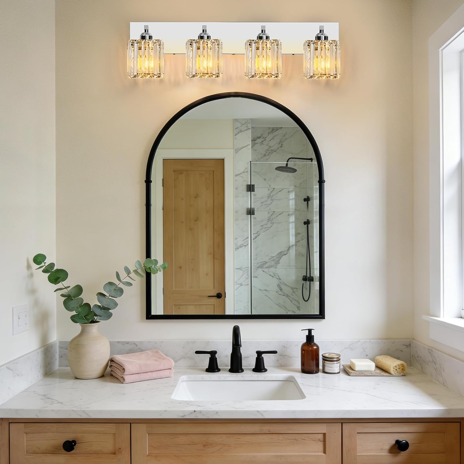 Brushed Chrome Crystal Bathroom Vanity Light, 4-Light Modern Bathroom Lighting Fixtures Over Mirror,Chrome Wall Sconce Light Fixtures with Square Shade