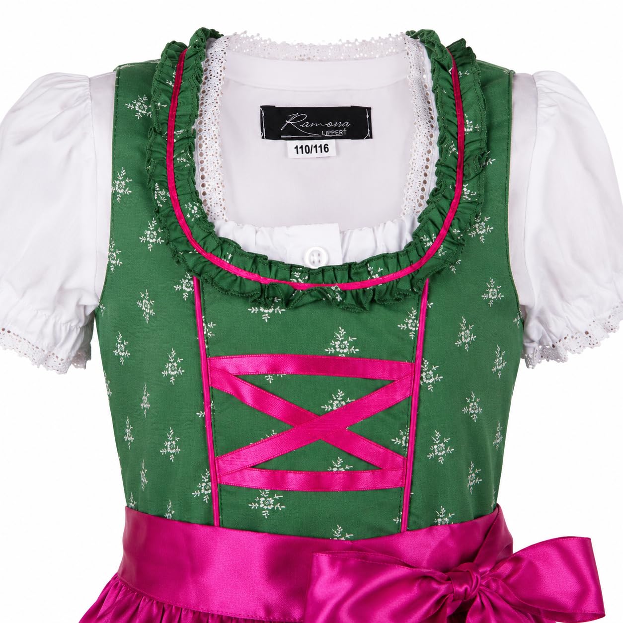 Ramona Lippert® - Dziecięca sukienka Dirndl dla dziewczynek - dirndl Franziska w kolorze ciemnozielonym z kwiatowym wzorem - 3-częściowa sukienka ludowa - moda ludowa - strój ludowy z fartuchem