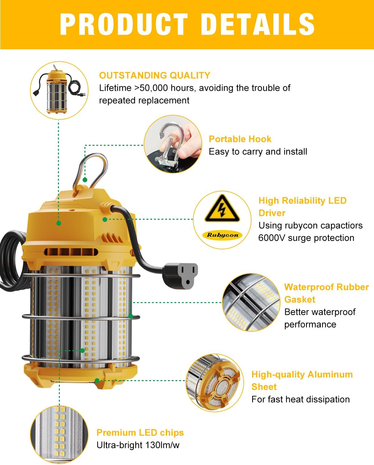 LED Temporary Work Light 100W 5000K 13,000lm, JC-LGL Outdoor Construction Lights Job Site Lighting 10ft Cord Dust Waterproof Hanging Lightin - Image 3