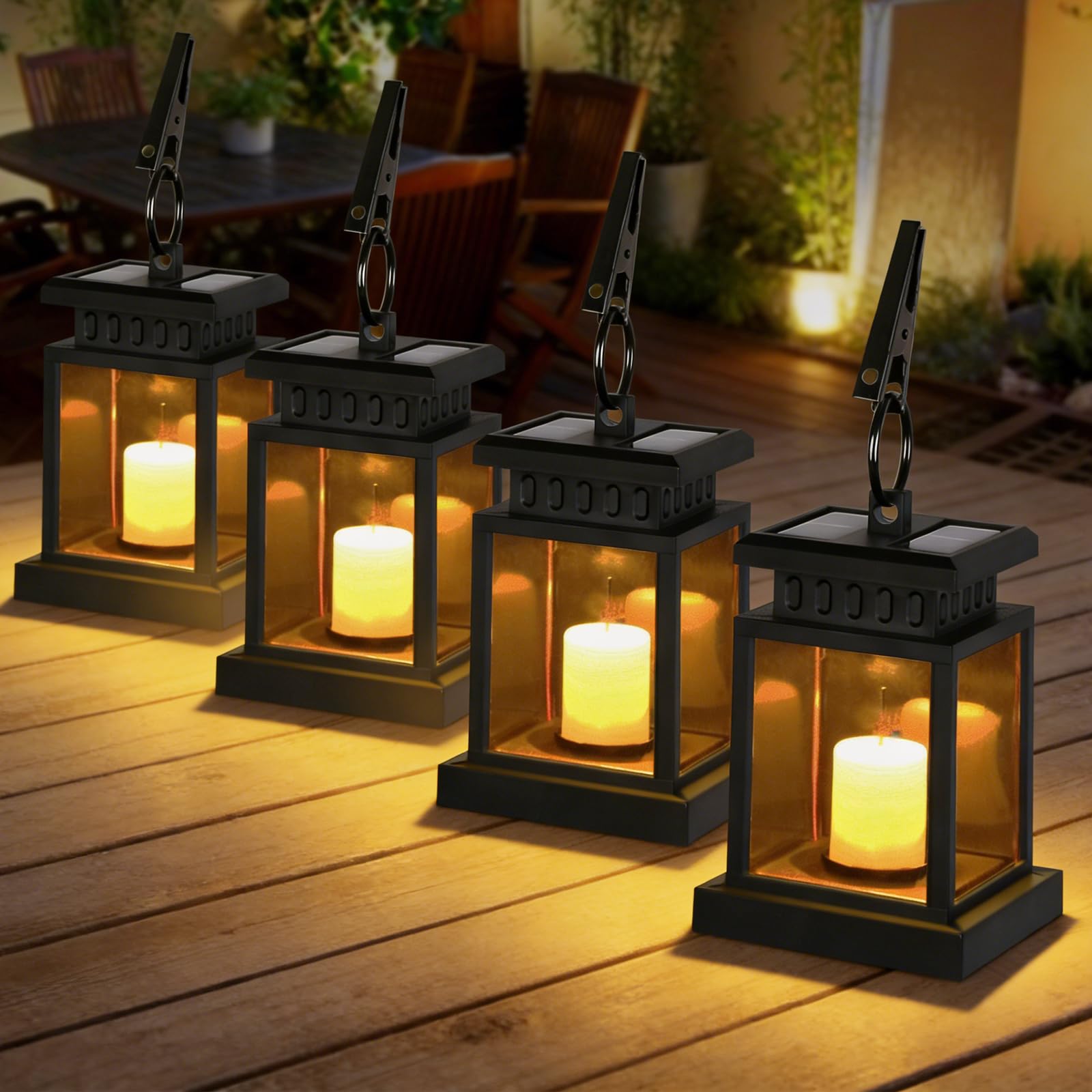 Lot de 4 lanternes solaires d'extérieur avec bougie LED, lanterne solaire LED, lampes solaires pour extérieur, à suspendre, effet vacillante, lanterne LED solaire avec bougies, lampes de décoration