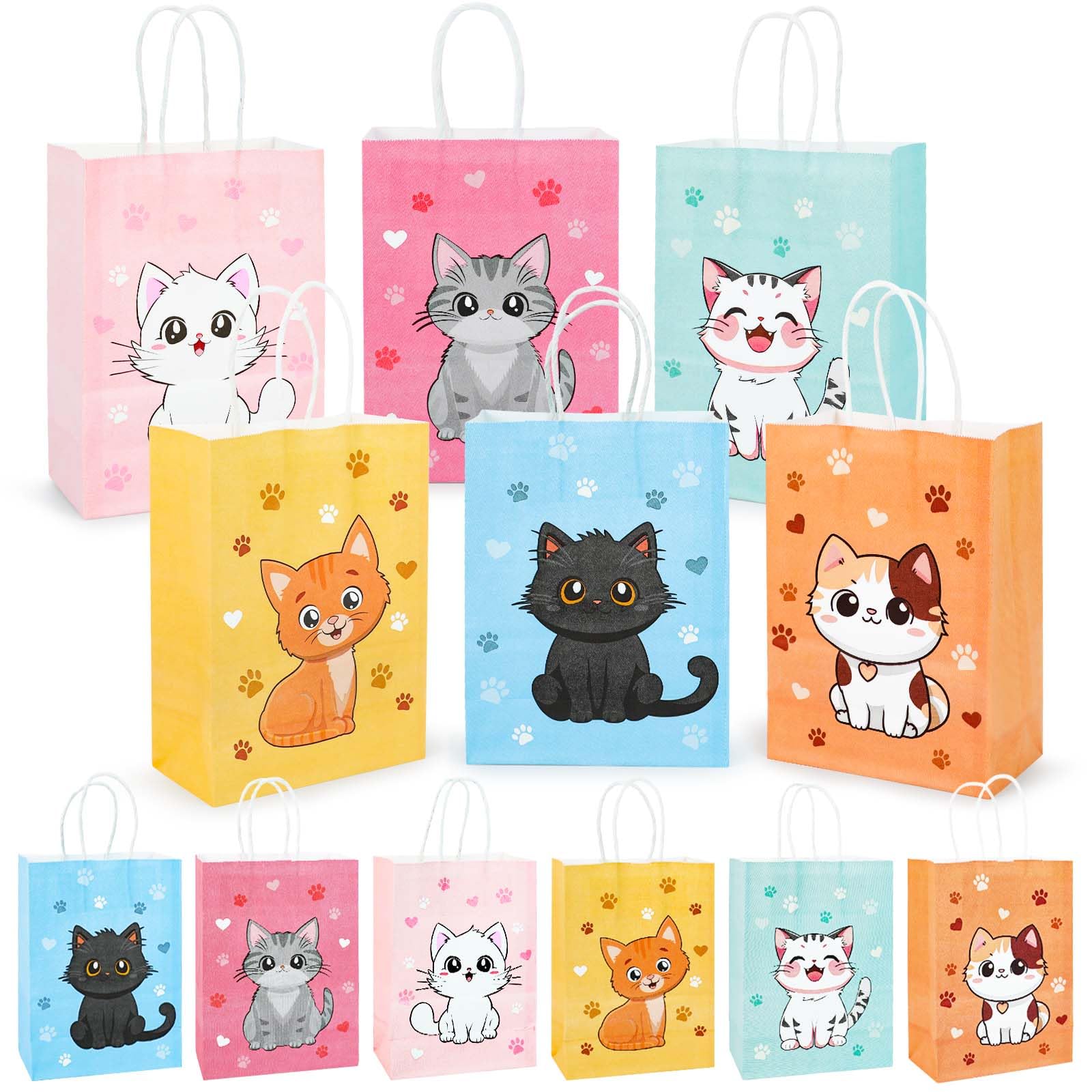 PHOGARY 18PCS Cat Party Bags, Small Paper Gifts Bag with Handles, Candy Treat Goodie Gift Wrapping Bag for Presents, Holiday Birthday Bag, Pet Cat Party Decorations