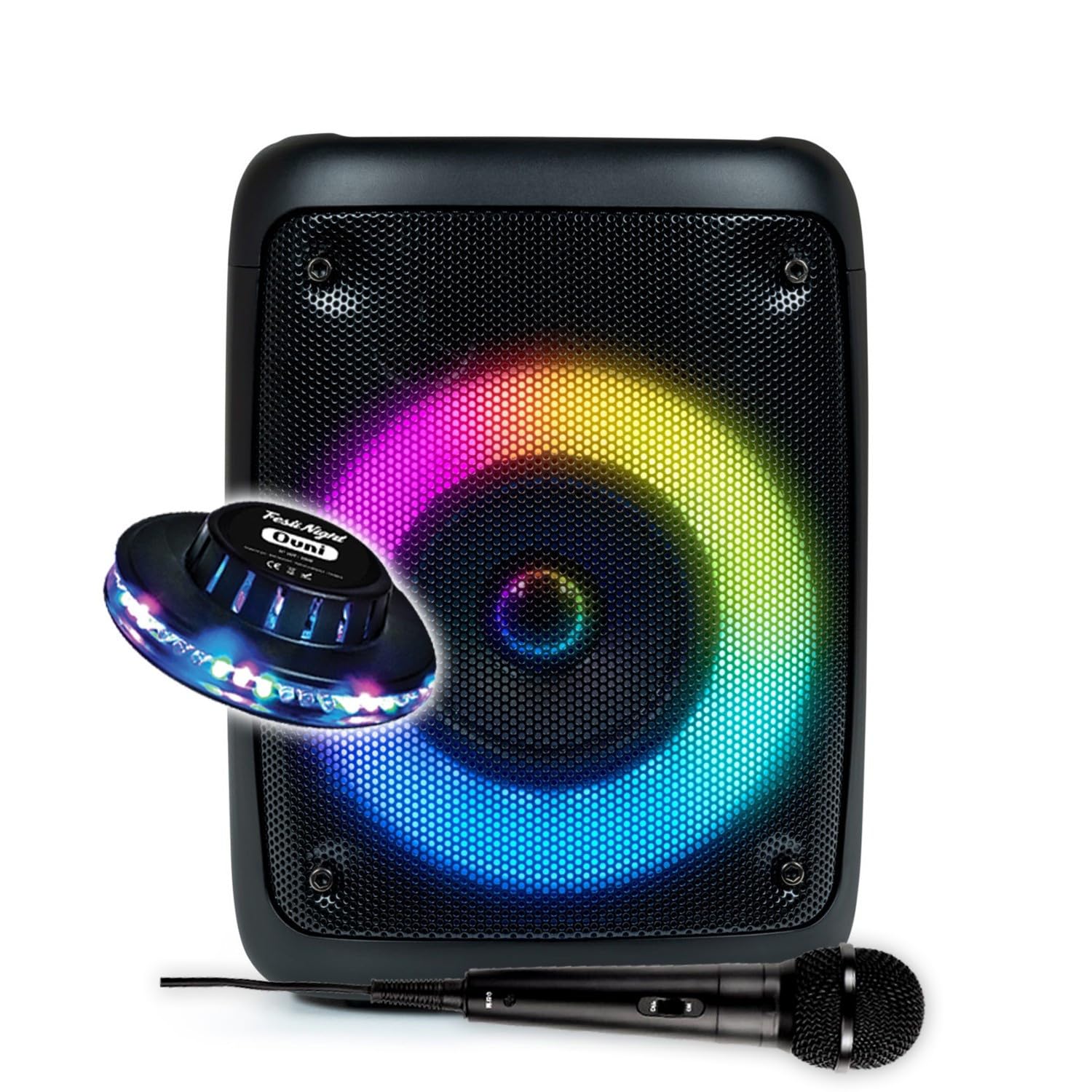 Enceinte Active sur Batterie Sono 30W Party PARTYBTHPS - Bluetooth USB SD, Effet Lumineux à LED + Jeu OVNI - Micro Karaoké