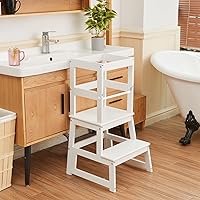 Vista 5 de Taburete de cocina para niños con riel de seguridad, construcción de madera maciza taburete de aprendizaje para niños pequeños, taburete Montessori