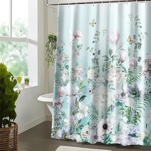 Miniatura 2 de Juego de cortinas de ducha verde azulado, cortinas de ducha de flores para baño, cortinas de ducha de tela impermeable, decoración de cortina de