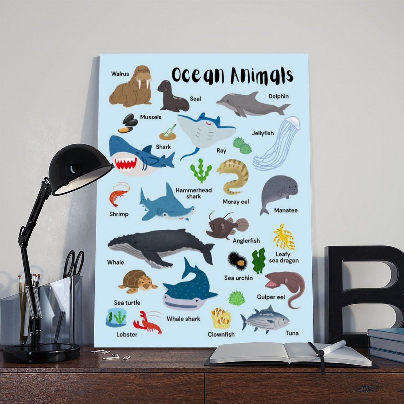 Póster de lienzo con conocimiento de la enciclopedia de animales marinos, decoración de dormitorio, paisaje, oficina, habitación, regalo, 40 x 60 cm
