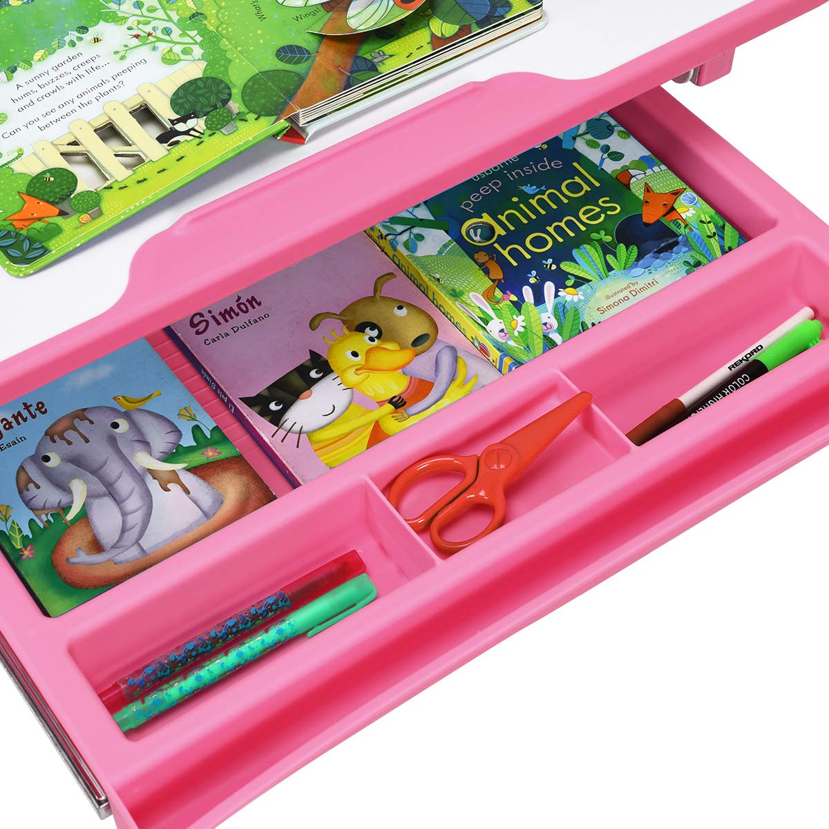 COSTWAY Set Sedia e Scrivania per Bambini Altezza e Angolo Regolabile e Multifunzionale Confortevole Apprendimento Colori Disponibili: Blu/grigio/rosa (ROSA)