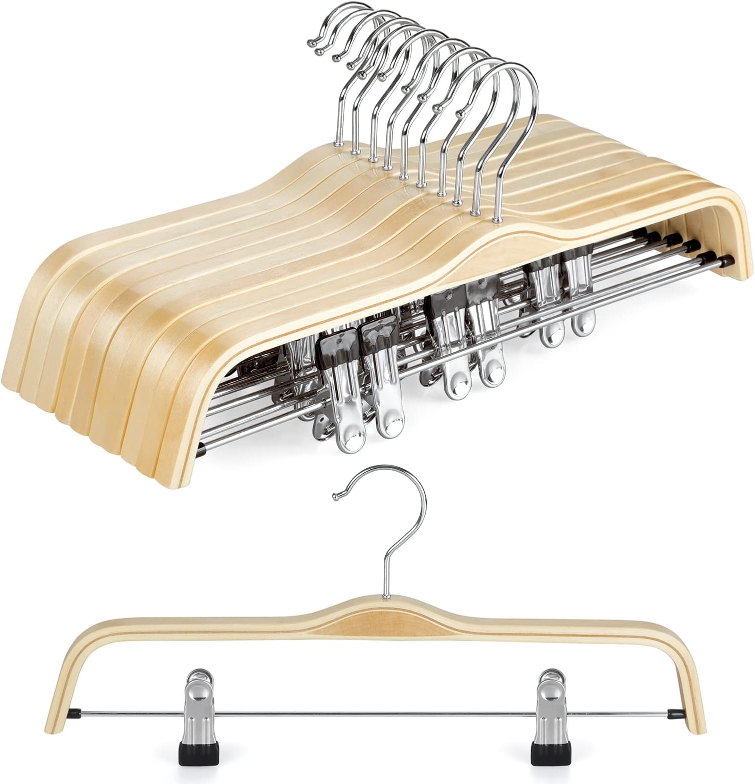 TOPIA HANGER Wooden Pants Hangers,Slim Natural Wood Skirt Hangers with Anti-Rust Hook and Adjustable Metal Clips, Perfect for Skirts, Pants, Slacks-10 Pack-CT17N