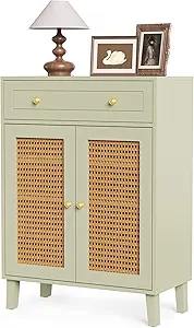 LITTLE TREE Shoe Cabinet for Entryway, 4-Tier Shoe Organizer with Adjustable Shelves & Drawer, Freestanding Mint Green Shoe Cabinets with Rattan Doors for Hallway, Bedroom, Living Room
