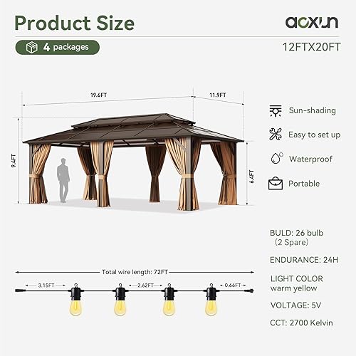 Vista 110 de Aoxun - Gazebo con techo rígido para jardines, patios con cemento o césped, pabellón permanente de policarbonato con doble techo, marco de aluminio