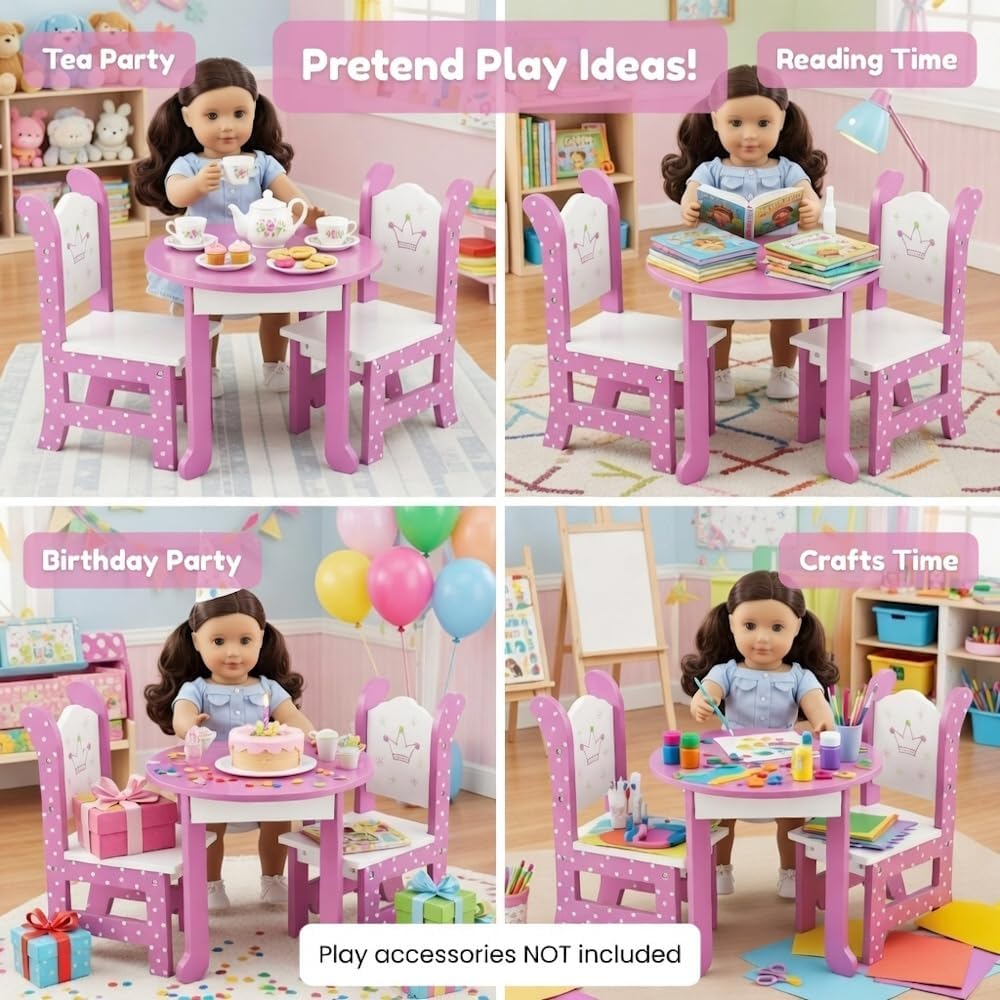 Emily Rose Wish Crown 18 Inch Doll Dining Set – Wooden Table & 2 Chairs for American Girl Dolls | Premium Dollhouse Furniture for Tea Parties & Imaginative Play