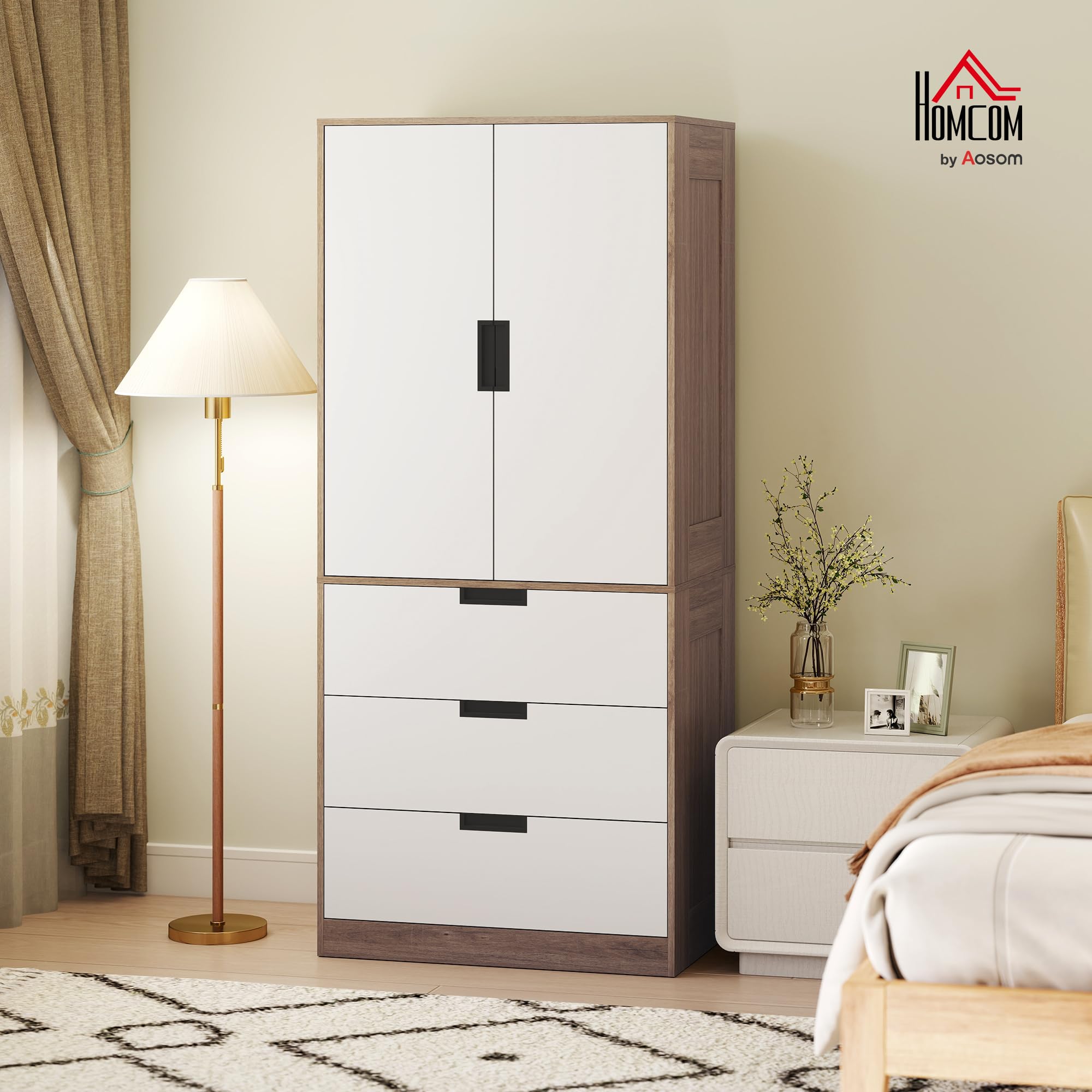 HOMCOM Armario Moderno para Dormitorio de Adulto con 3 cajones y Barra para Colgar, Dim. 80W x 50D x 180H cm, marrón