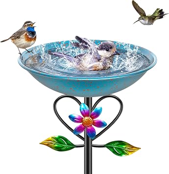 Vintage Metal Bird Bath for Outside, Standing Bird Feerder with Sunflower Love Decoration, Detachable Birdbaths Bowl for Outdoor Yard Lawn Garden Decor A-Bule
