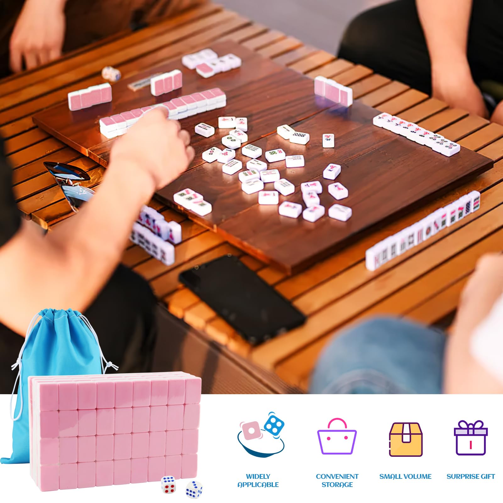 dellyy Mini zestaw Mahjong, 144 szt., chiński mini mahjong, zestaw mahjong, gra w dwa, z matą stołową i torbą do przechowywania, do podróży, na kemping