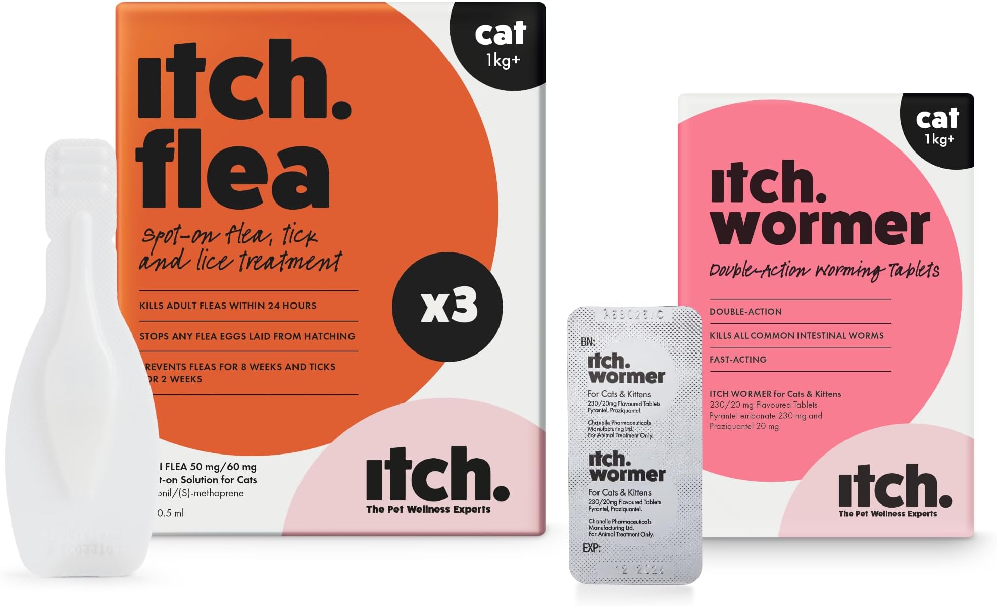 Itch Flea & Tick Treatment and Wormer Bundle for 1kg+ Cats 3 Flea