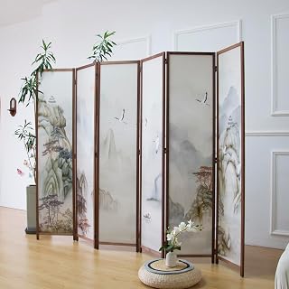6 Panel Room Divider Screen,Double Faced Room Divider Folding Wall Divider for Room Separation,Mountains and Waters Landscape,67" H x 94.5" W