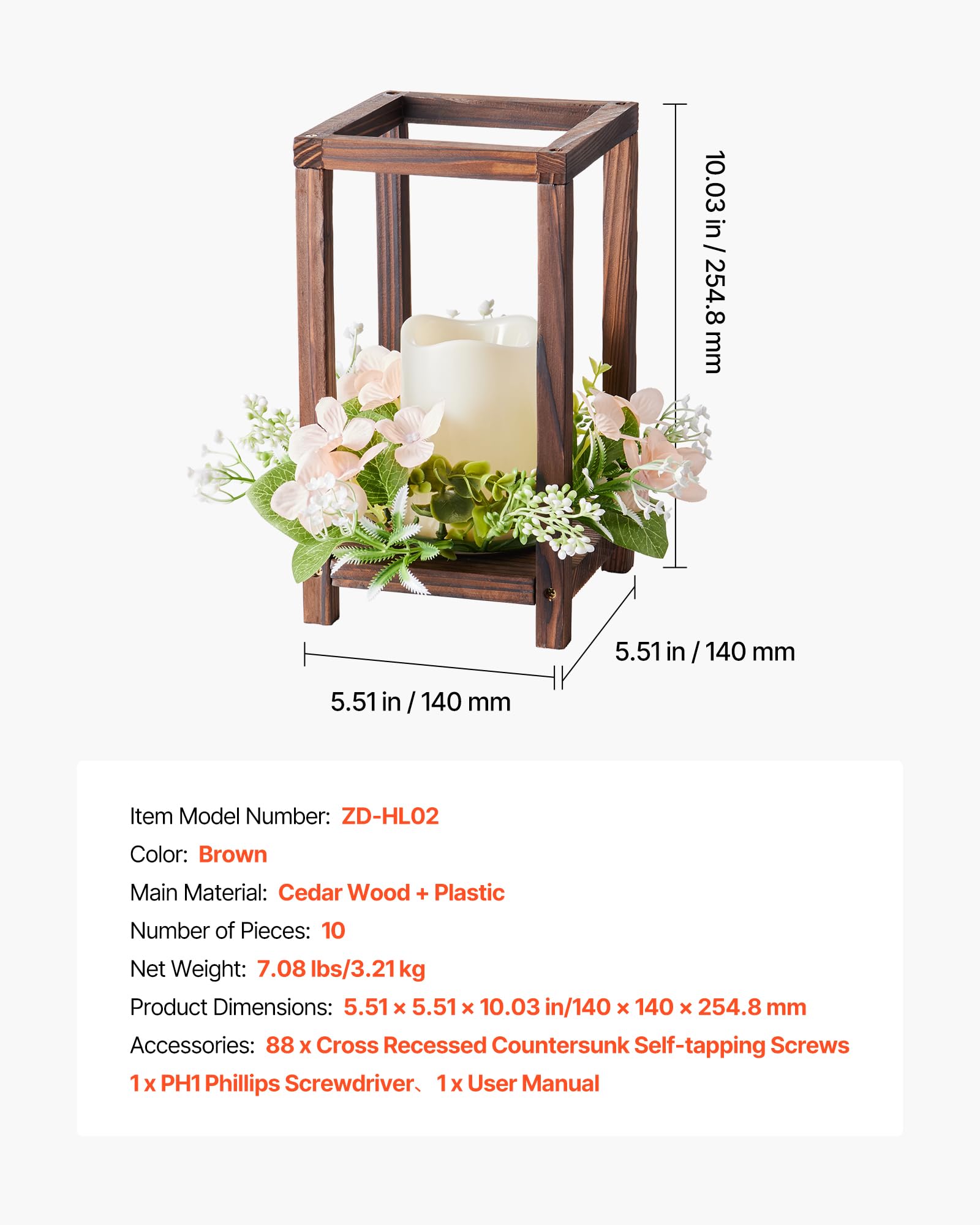 VEVOR 10er-Set Holzlaternen für Hochzeiten, inkl. 10 Holzlaternen-Kerzenhaltern, 10 flammenlosen LED-Kerzen, 10 Champagner-Blumenkränzen für Hochzeitstisch, Party, Bauernhaus-Dekoration, Braun