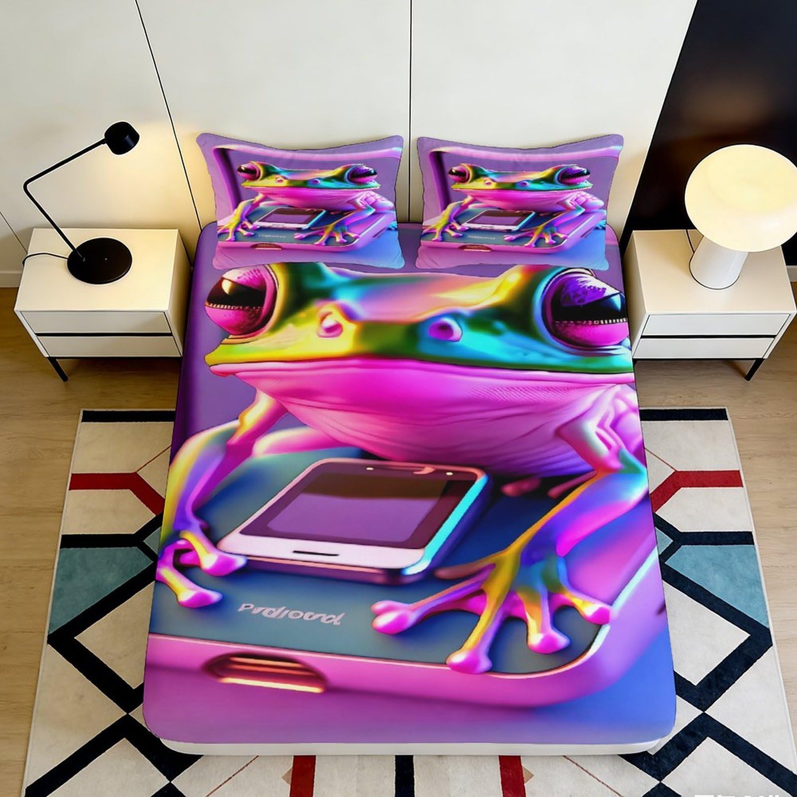 3D Printed Vibrant Frog Fitted Sheet Microfiber Colorful Phone Graphic Mattress Cover Non-Slip Washable for Bedroom Dorm Decor 90x200x25cm