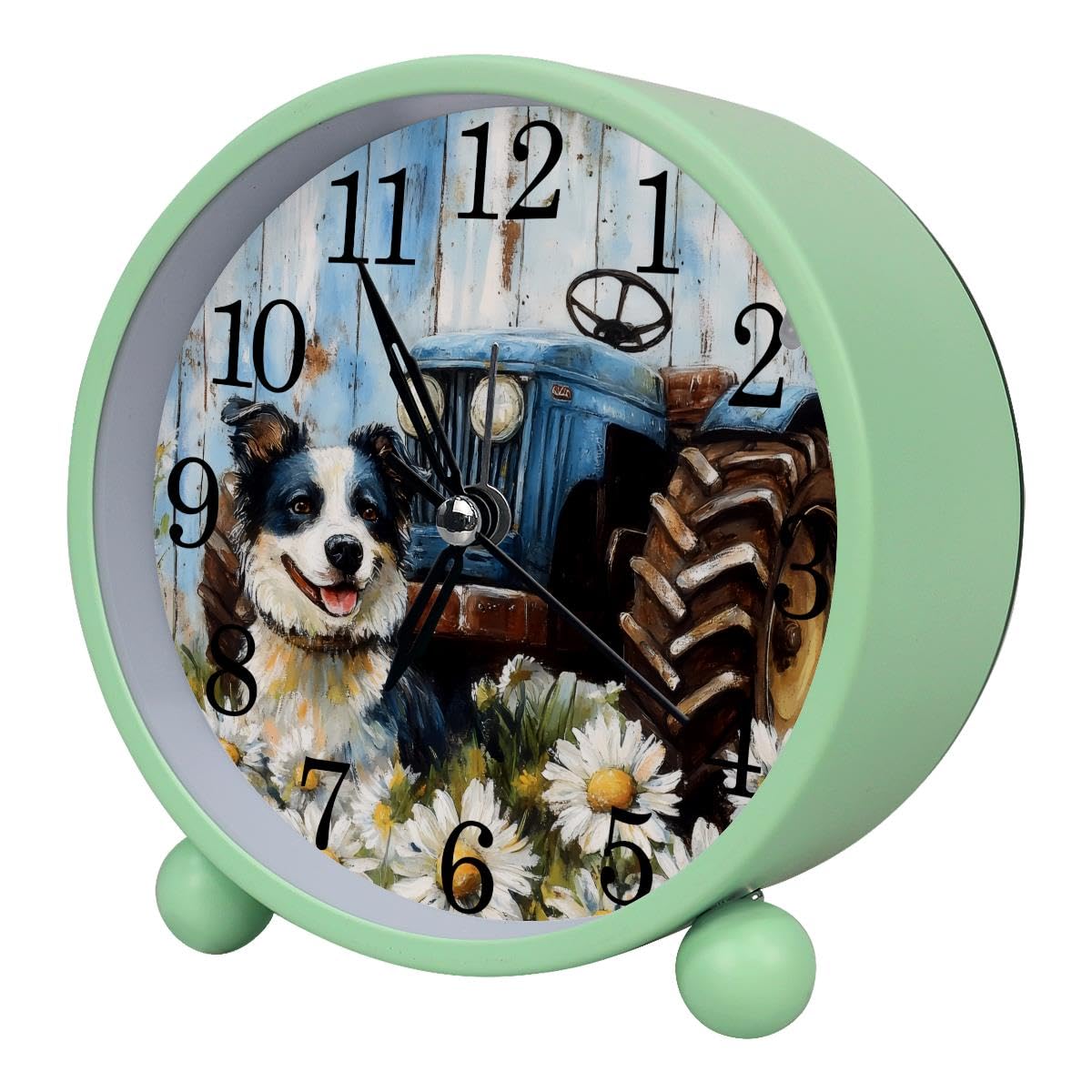 Luoweisi Alarm Clock Dog Daisies Tractor Rustic Plank, Silent Non-Ticking with Night Light