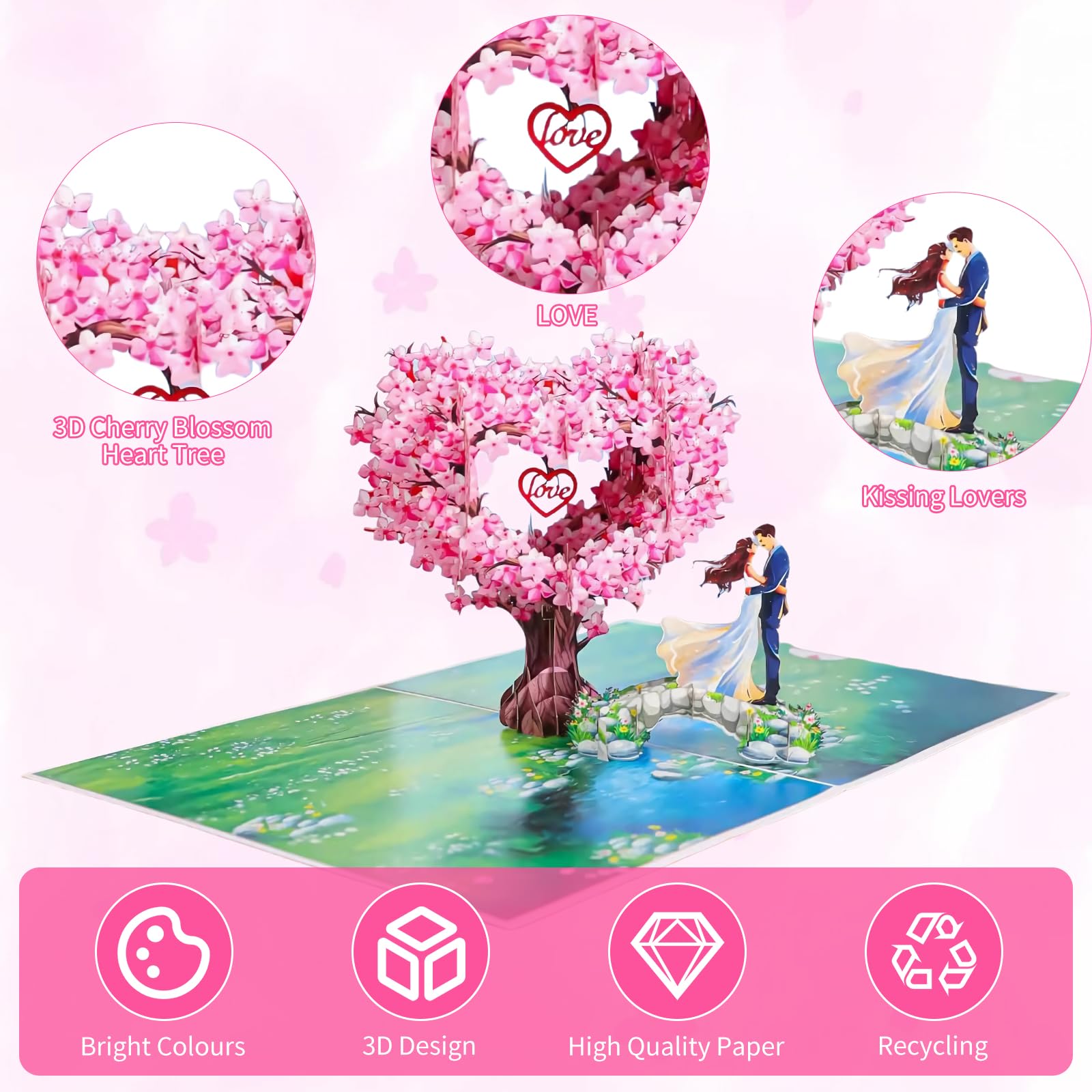 Biglietto Auguri 3D Pop-up Matrimonio E San Valentino – Fiori Di Ciliegio E Coppia Con Busta – 15x20 Cm