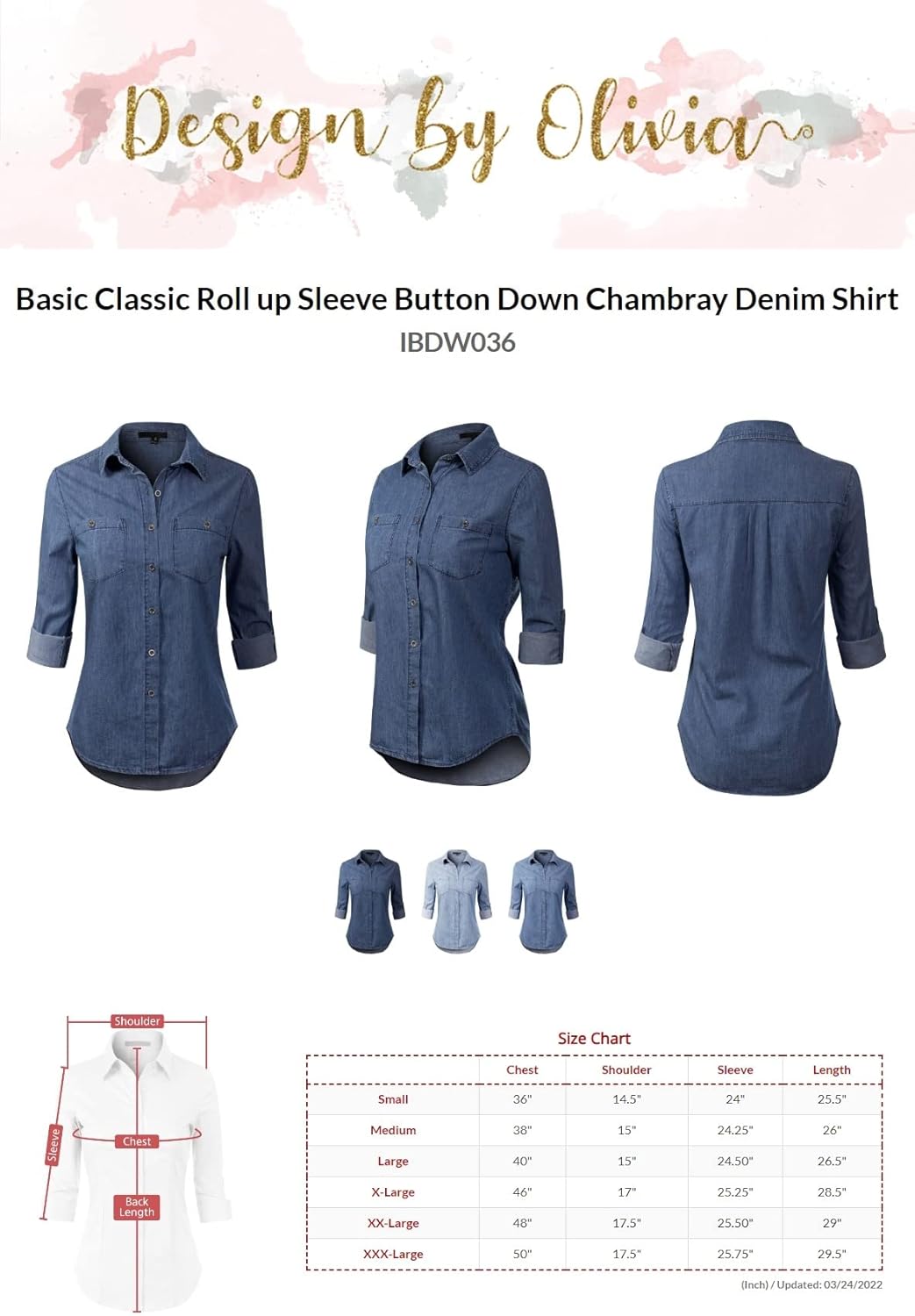 Design by Olivia Women's Basic Classic Roll up Sleeve Button Down Chambray Denim Shirt - Image 4