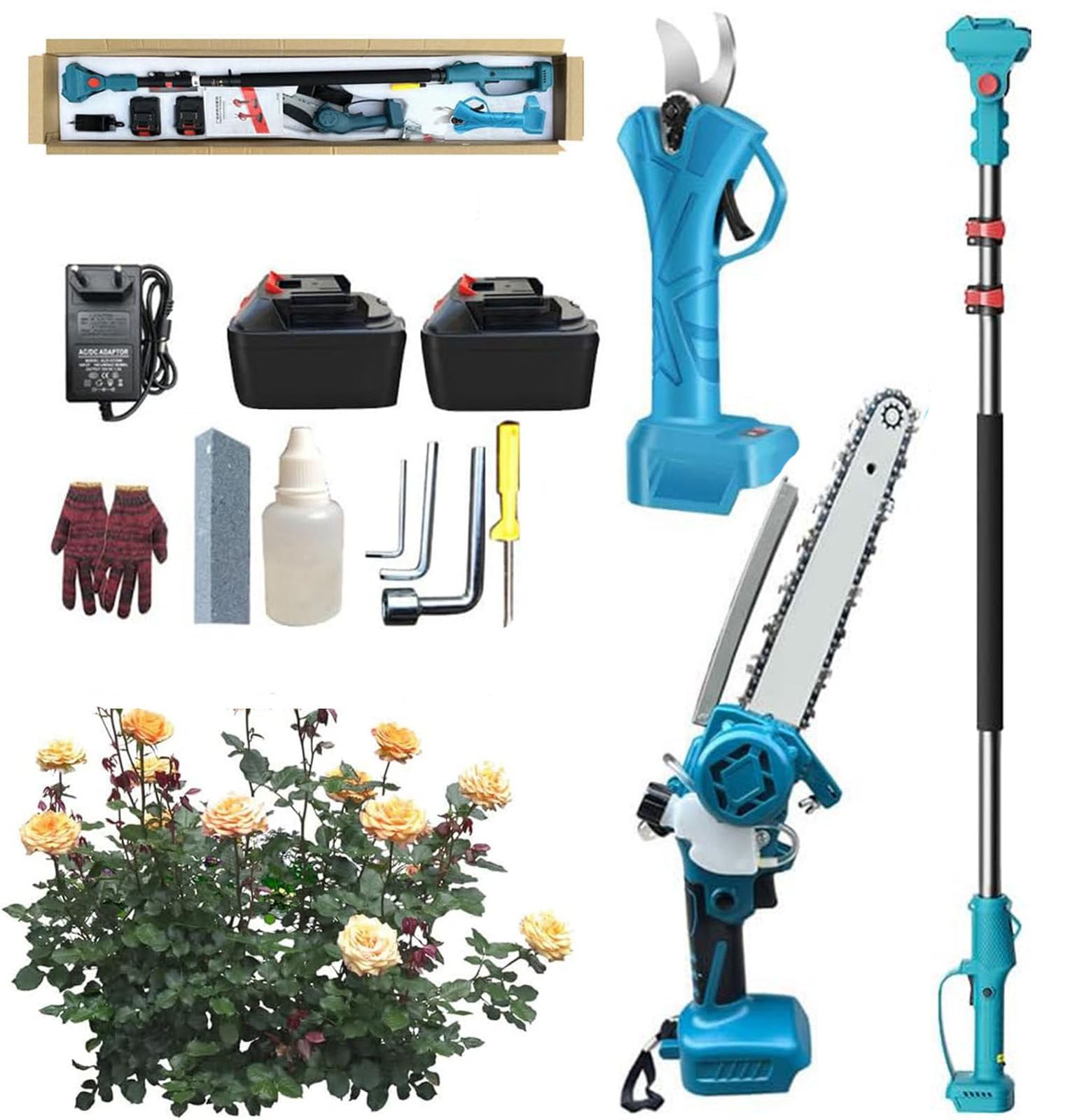 Kit combinado 4 en 1 de sierra de pértiga y tijeras de podar, mini motosierra de 8 pulgadas, tijeras de podar inalámbricas con pértiga extensible, 2 baterías de 13000 mAh, podadora de ramas y ramas