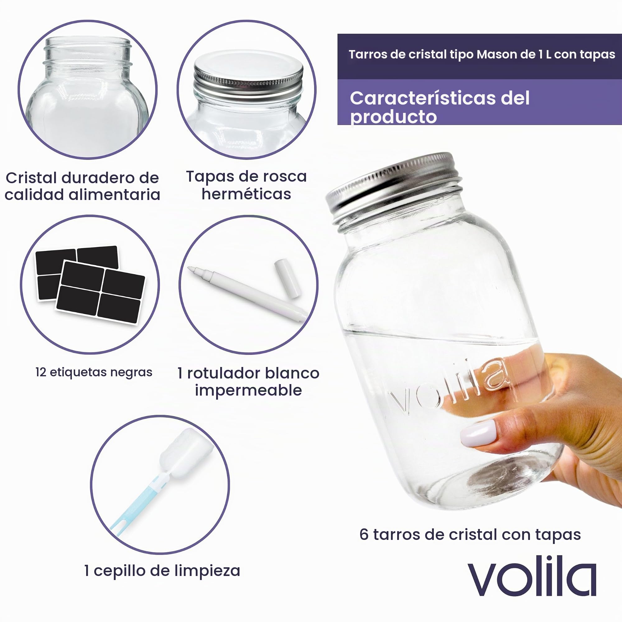 volila Tarros De Cristal 1 L - Mason Jars Frascos De Vidrio Con Tapa - Pack de 6 - Botes Cristal Pequeños para Avena Nocturna, Incluye Etiquetas, Bolígrafo y Esponja
