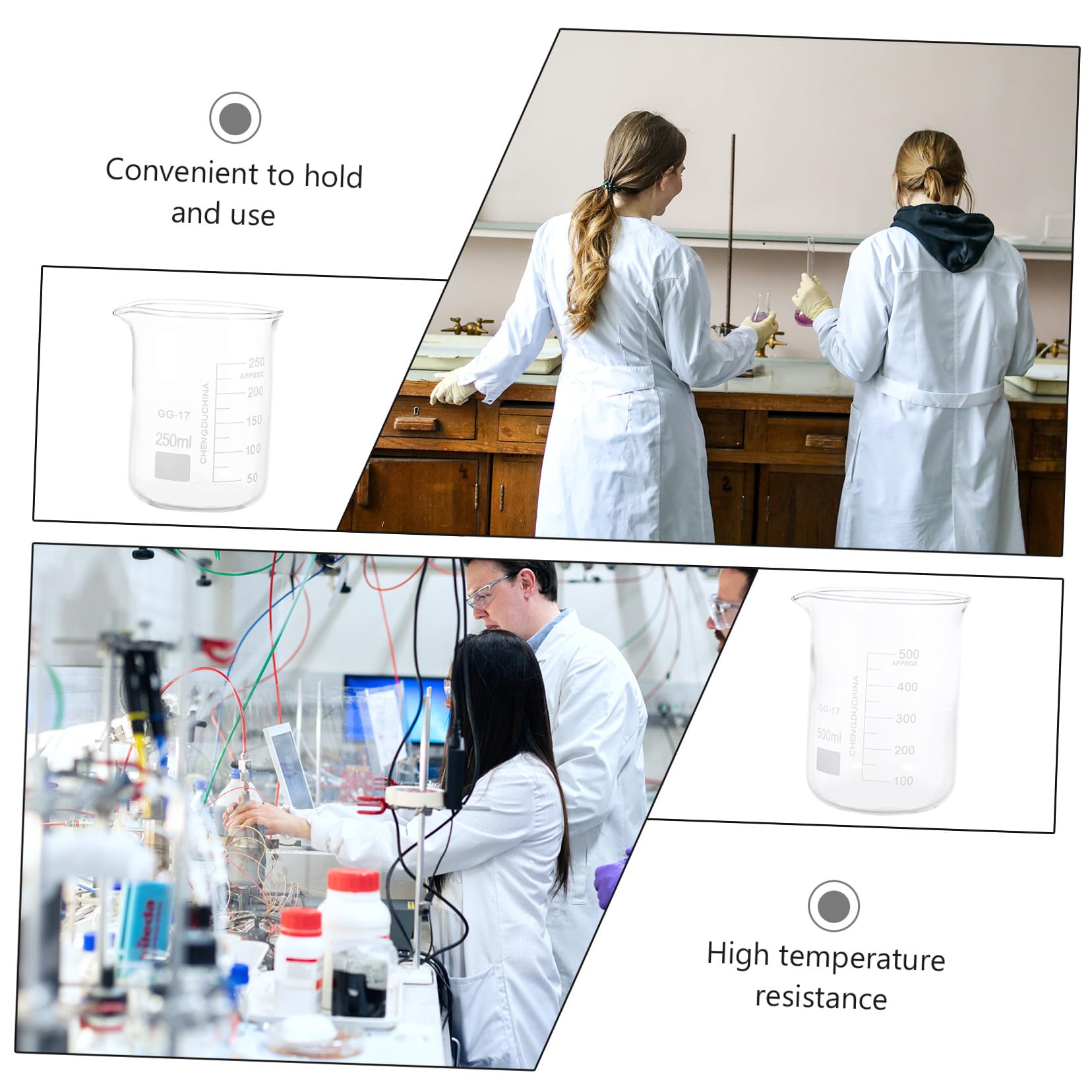 Vasos Graduados de Vidrio 5piezas para Laboratorio, Alta Temperatura | Tazas Medidoras de Vidrio, Vaso de Vidrio Transparente, Decoracion Colegio