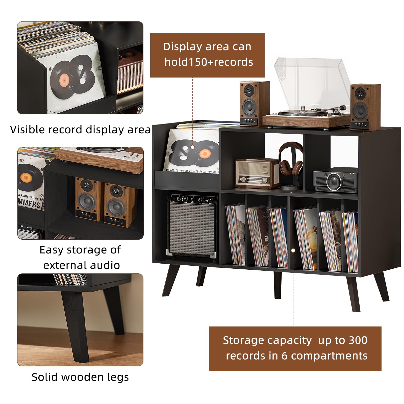 Großer Plattenständer mit Aufbewahrung,Plattenspieler-Ständer mit Ablage,Vinylplatten-Halterung mit Präsentationsfläche,Plattenständer für bis zu 450 Alben, Plattenregal für Musikzimmer und Wohnzimmer