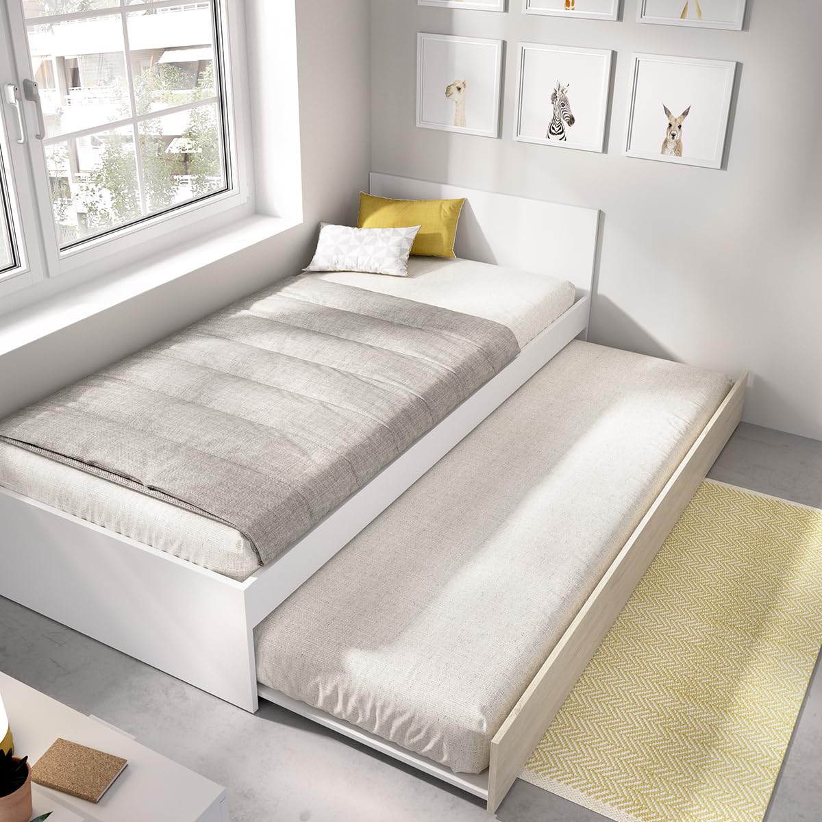 DEKIT Grupo RIMOBEL Top - Cama de 90X190 con Arrastre - Blanco/Natural - 67 x 95,8 x 194,8