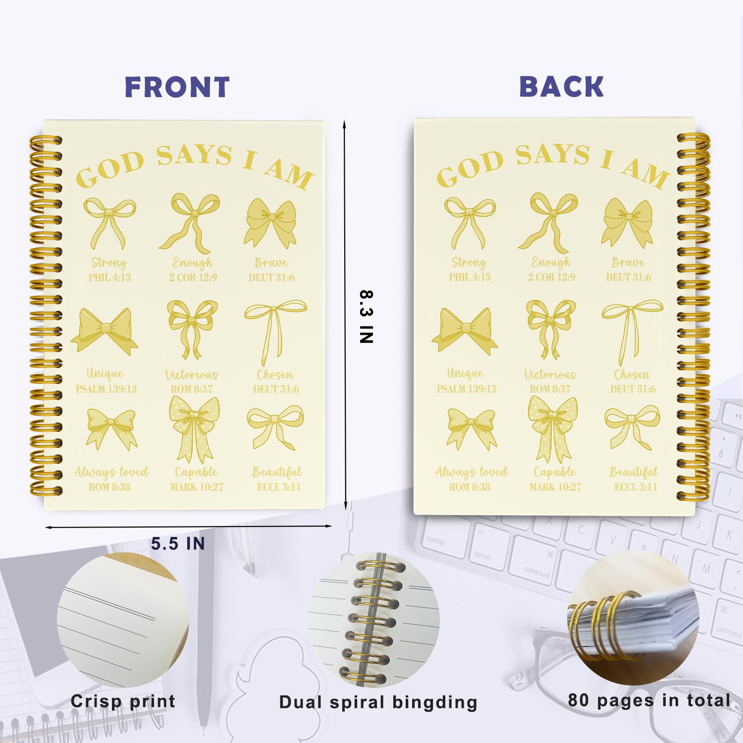 THDSE Bible Journal for Women, Christian Prayer Journal Notebook Gifts for Teen Girls Kids, Bible Study Supplies, Cute Bows Church Faith Journaling Hardcover Spiral Notebook 5.5 X 8.3(Baby Yellow)