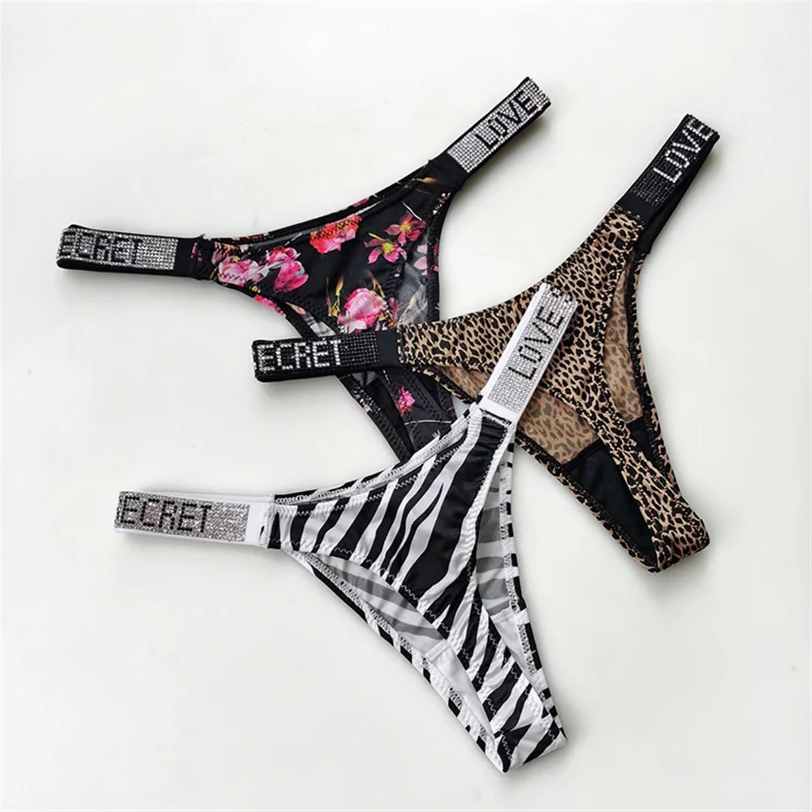 Bragas Braguitas Tangas 4 unids/set de cintura baja, tangas sexis for mujer, bragas con diamantes de imitación, letras, diamantes, deportiva, pantalones cortos, calzoncillos con espalda en T, talla S-