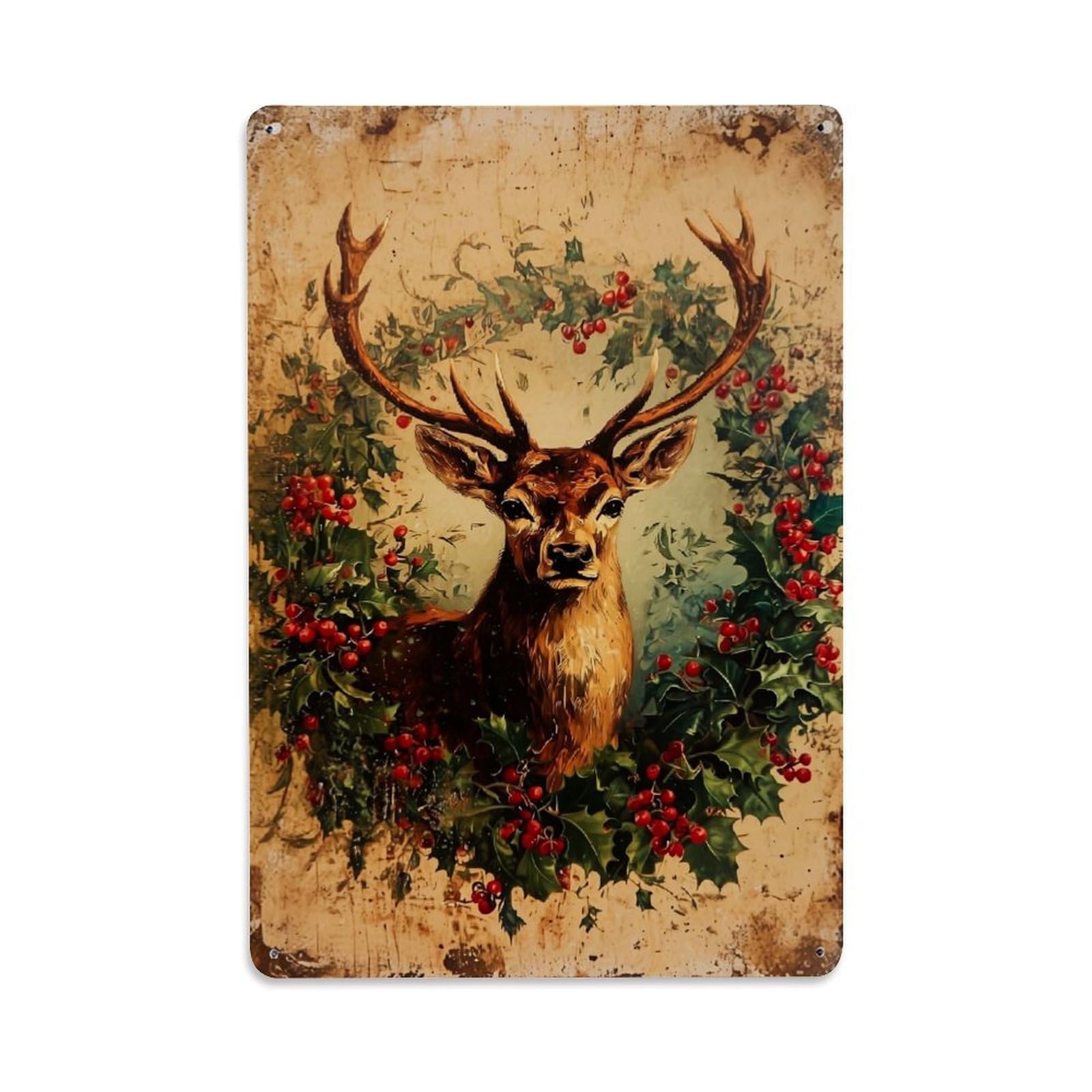 Jdfenggu Vintage Deer Holly Berries Antlers Wreath Retro Metal Tin Sign, Decor Art Poster For Bar, Home, Man Cave, Kitchen, Laundry Room Gift 8X12inch