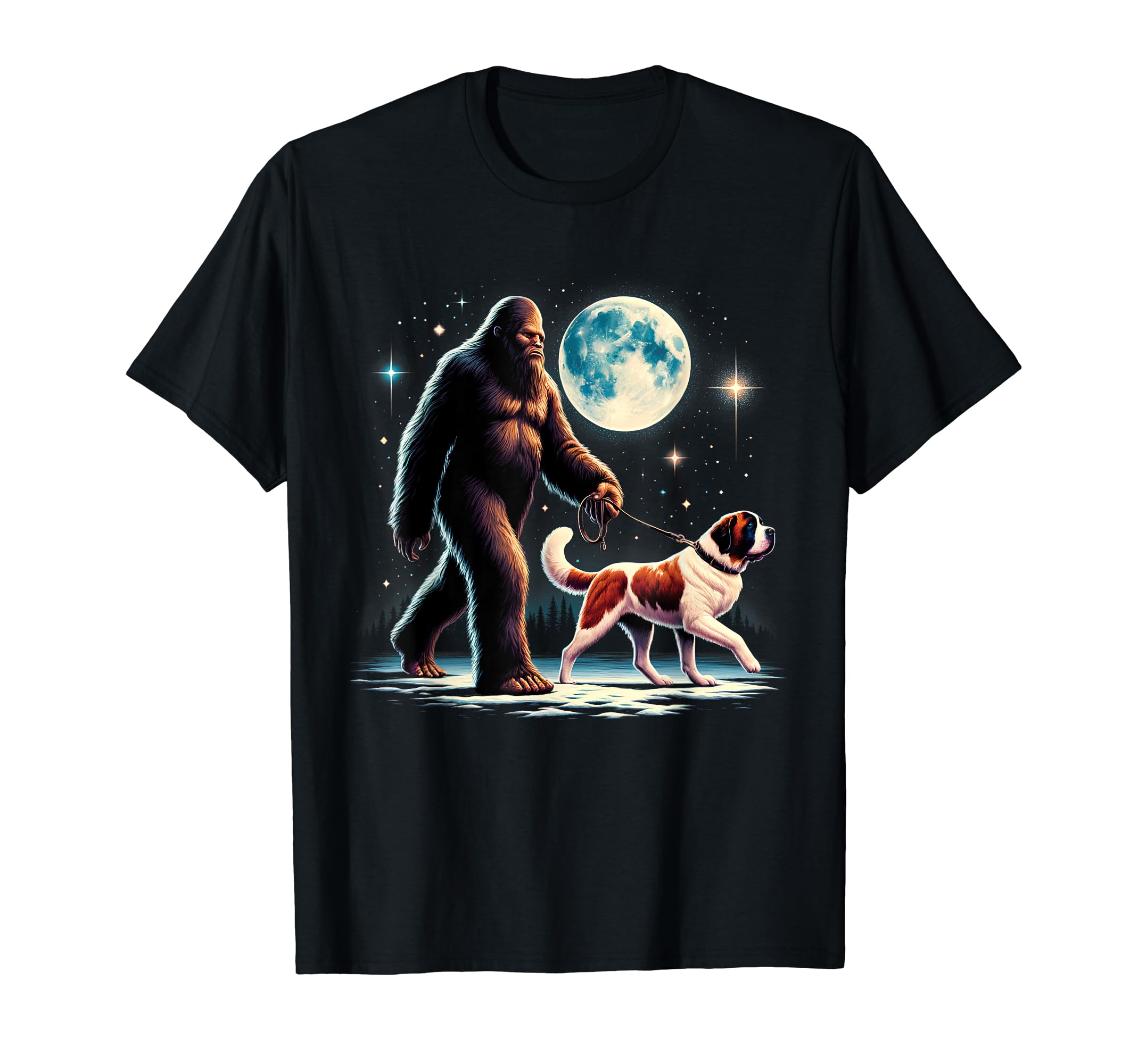 Bigfoot Sasquatch Saint Bernard Walking Dog Lover Moon T-Shirt