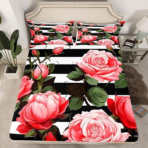 Erosebridal Sábanas de cama de flores rojas y rosas, sábana bajera ajustable a rayas blancas y negras, tamaño Queen, ropa de cama floral botánica,