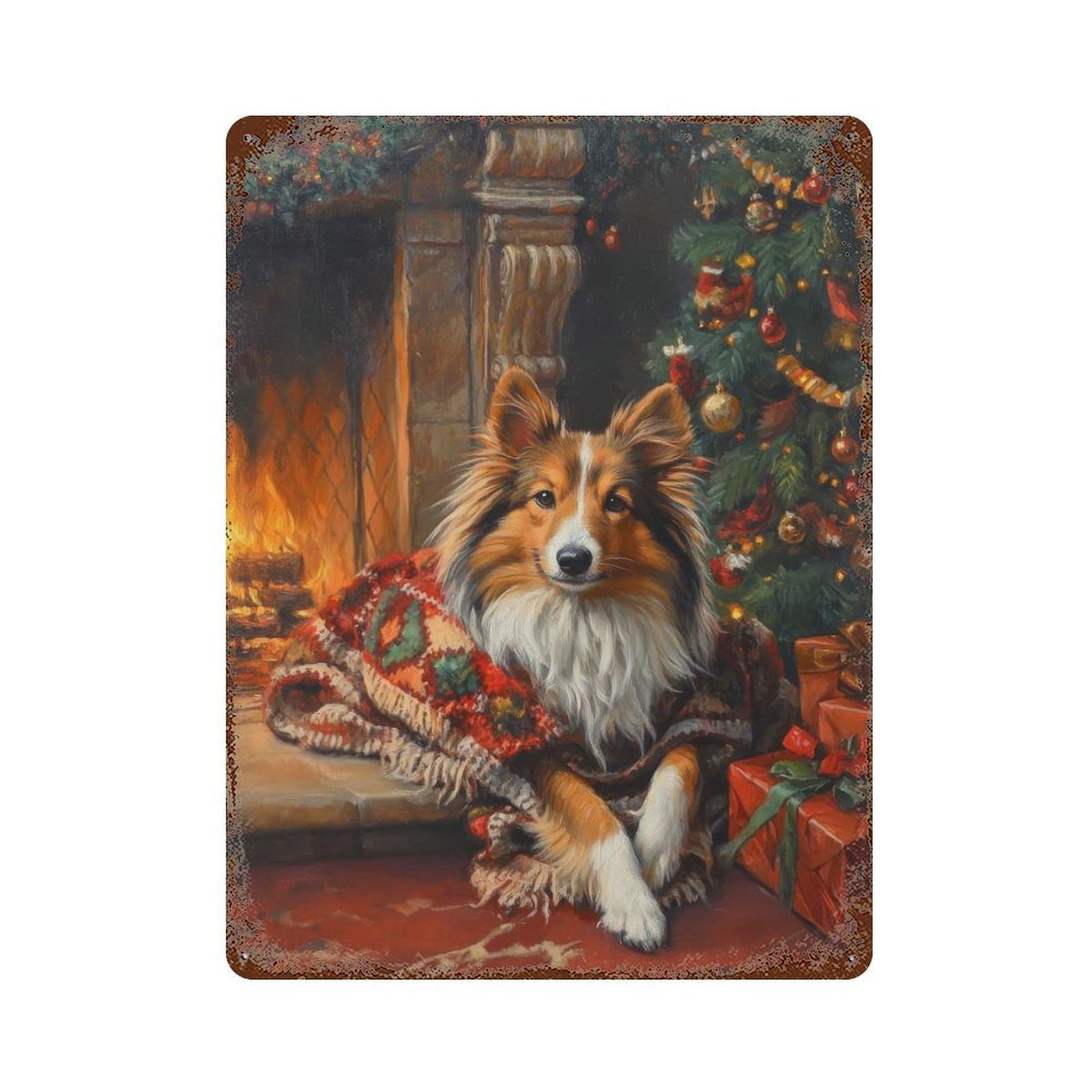 Garage Style Cozy Christmas Shetland Sheepdog by Fireplace Painting Vintage Rust Metal Sign 15.7"x11.8", Retro Wall Decor for Bar And Workshop
