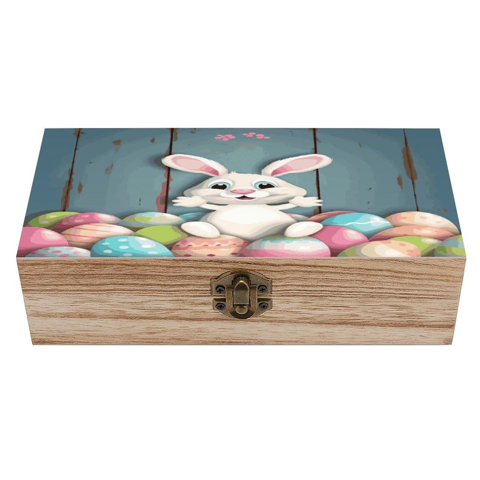 Btcowzrv Style Happy Easter Eggs Bunny Tail Wooden Storage Box, Keepsake Box With Hinged And Retro Lock, Wood Jewelry Organizer For Photos & Mementos And Home Decor