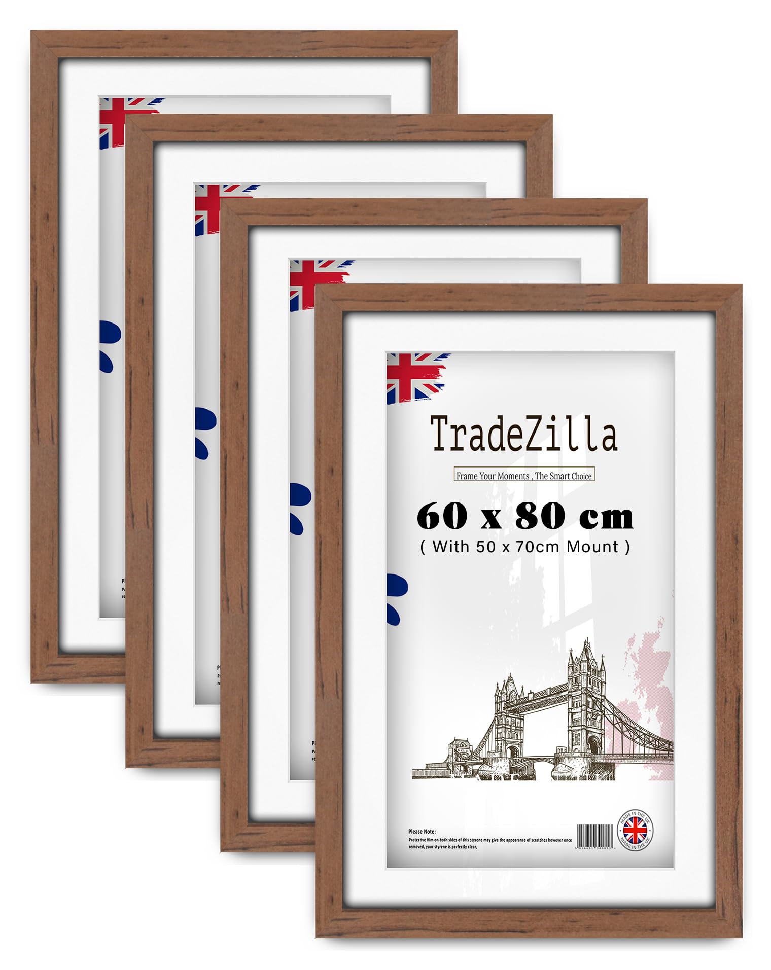 TradeZilla pack of 4 Flat Frame (60 x 80 cm) with 70 x 50 cm White Mount - 24 x 32 Inch Frame for Posters, Prints, Artwork 1' 12" x 2' 7" [ Walnut ] — image 1