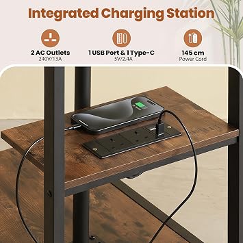 COSTWAY Height Adjustable C-Shaped Side Table with Charging Station, Wheels