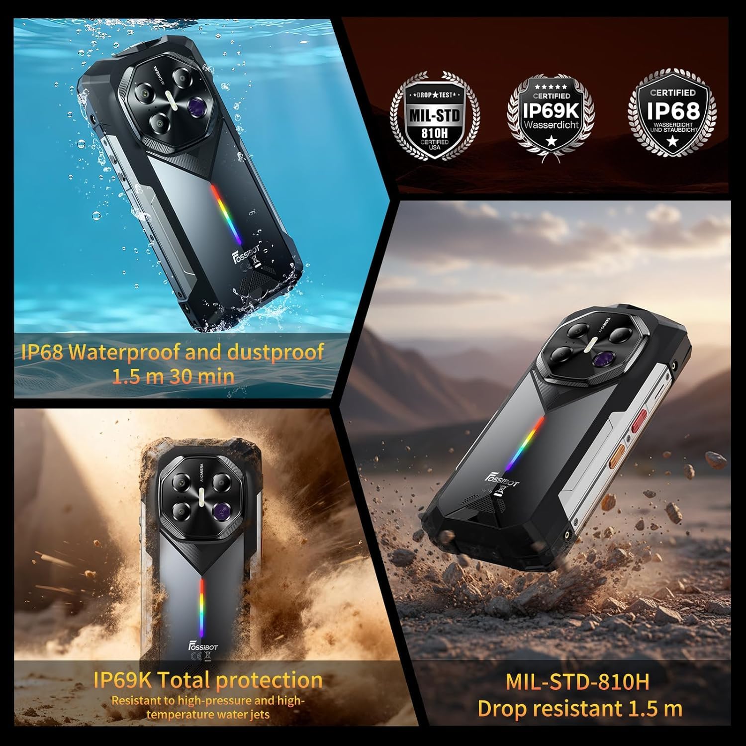 FOSSiBOT F113 20000mAh/33W 5G Outdoor Handy, MediaTek Dimensity 7050+36GB+256GB/2TB Outdoor Handy Ohne Vertrag, 6,78" FHD+ 120 Hz Gorilla-Glas Android 15, 50 m Reichweite 64 MP Nachtkamera