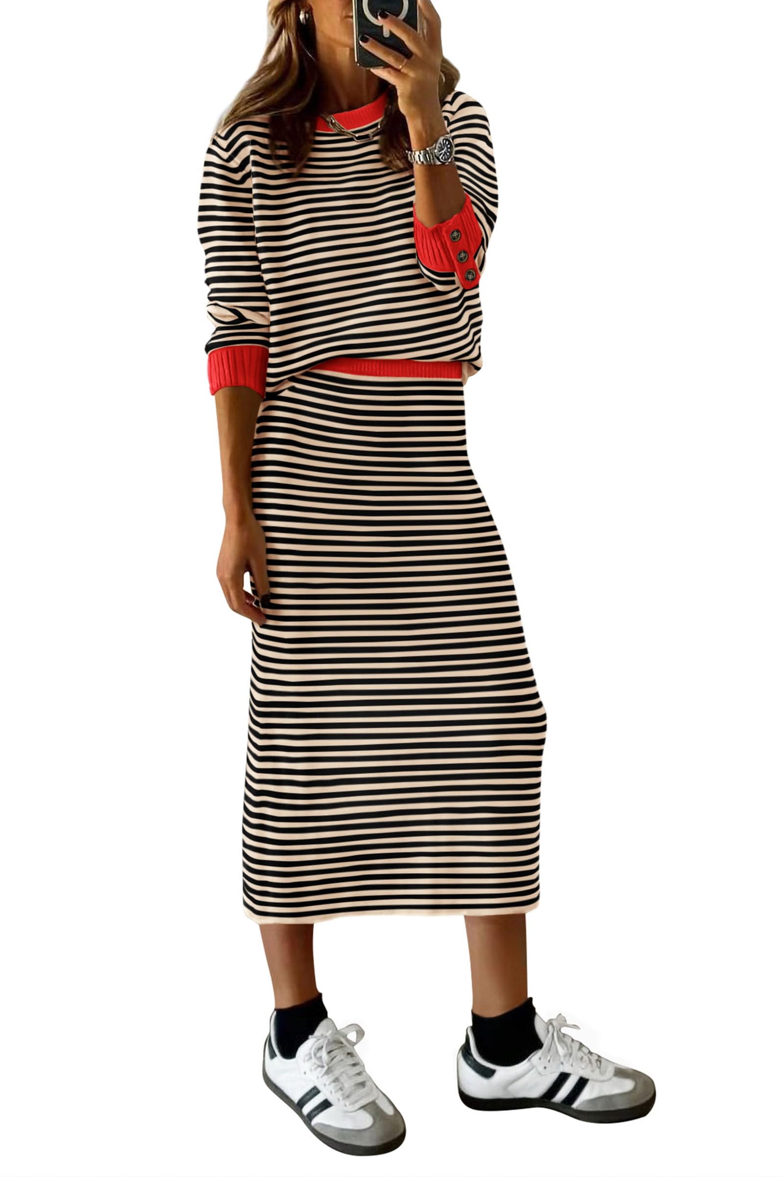 PRETTYGARDEN 2 Piece Skirts Sets for Women Fall Fashion 2026 Striped Sweater Dress Knit Lounge Travel Outfits Winter