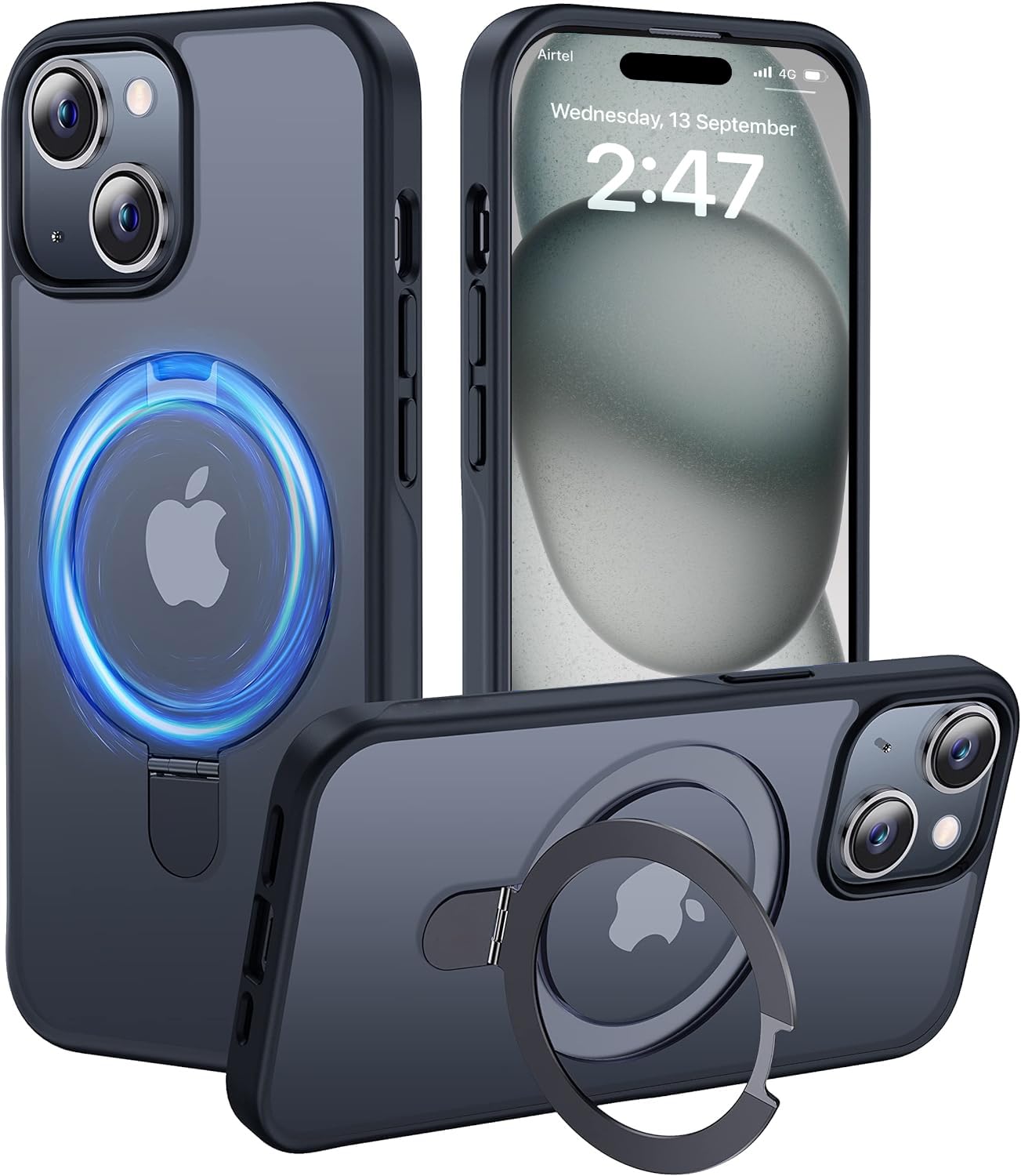 Enflamo PC Matte Back Cover Case Compatible with Stand Magnatic Designed for iPhone 15 & iPhone 14 |Ultra Hybrid Camera Bump Protection (Black)