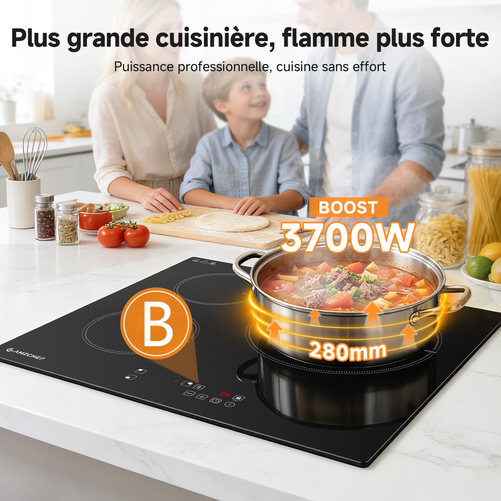 AMZCHEF Plaque Induction 3 feux 7400W avec 9 Niveaux de Puissance et Fonction Boost, Sécurité