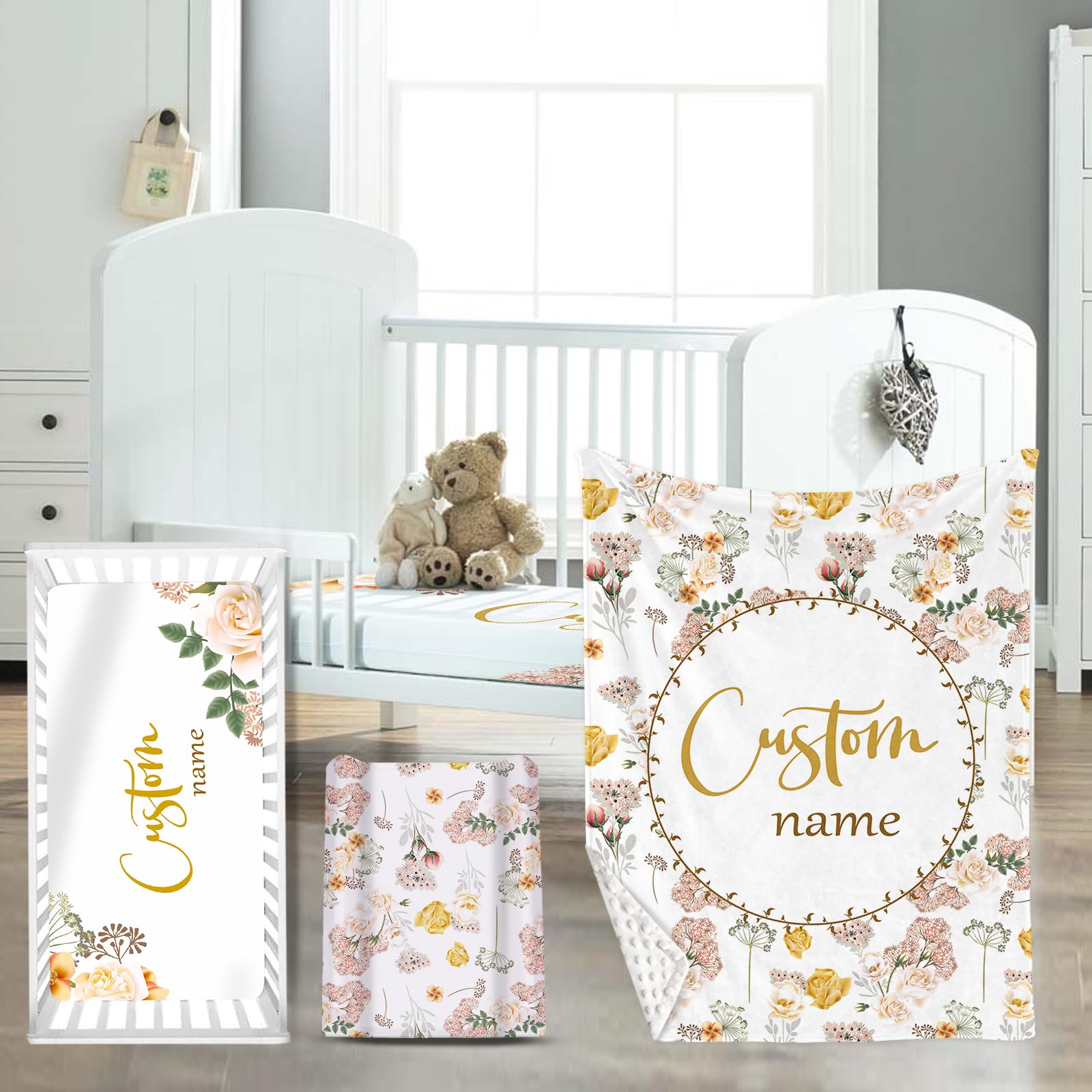 HSHRYY Custom Name Crib Bedding Set for Infant Girls Baby, Personalized Nursery Decor Baby Blanket Fitted Crib Sheet Changing Pad Cover 3 Pcs, Flowers Theme