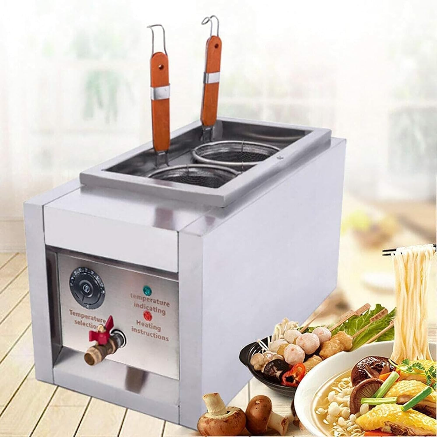 Macchina per la cottura di pasta elettrica a 2 cestelli con controllo della temperatura, in acciaio inox, capacità 12 l, per uso professionale