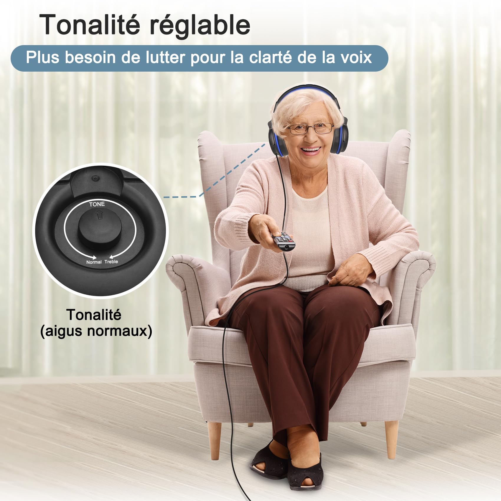 SIMOLIO Casque Circum Auriculaire Filaire pour TV, Son Amplifié,Long Cordon | Dialogues Clairs, Micro, Câble Spiralé Long 5,5 m, Casque TV avec Fil pour Seniors avec Réglage Volume & Clip, Autonomie 40 h