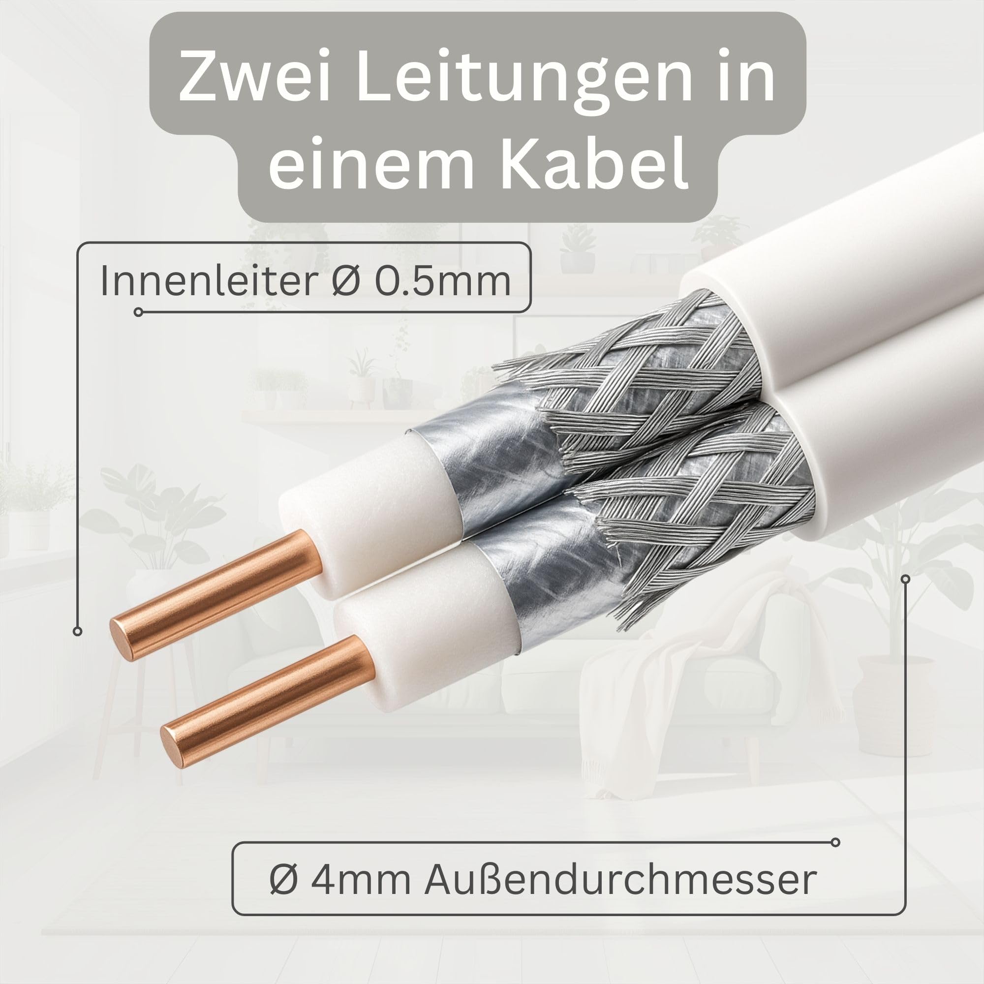 PremiumX Kabel koncentryczny satelitarny 90 dB Twin Mini 2 x 4 mm, bardzo cienki, biały, 2-krotny ekranowany, do telewizji satelitarnej, DVB-T - Ultra HD 4K 3D