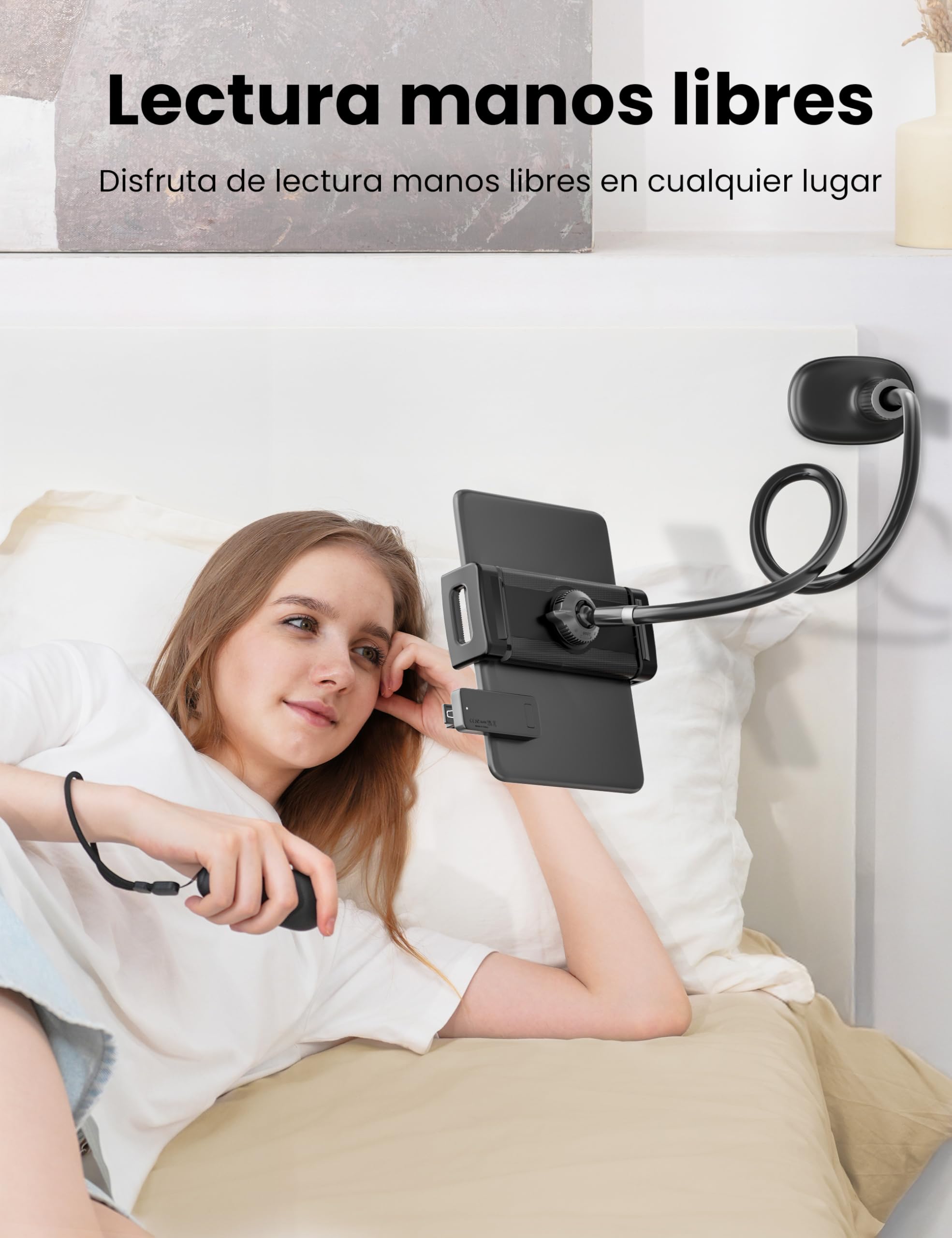 VOLTIFYMAX Soporte para Tablet con Pasapáginas Kindle para Leer en la Cama, Brazo Ajustable de Cuello de Cisne para Accesorios Kindle/Tabletas/iPhone 4.7''-11'', Ideal para Entusiastas de E-readers